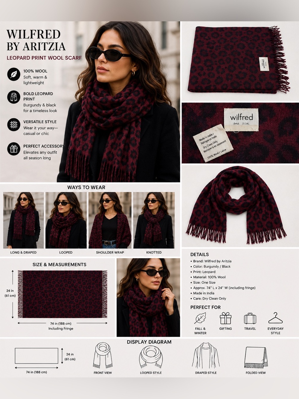Wilfred Aritzia Burgundy Black Leopard Print Wool Scarf Fringe One Size